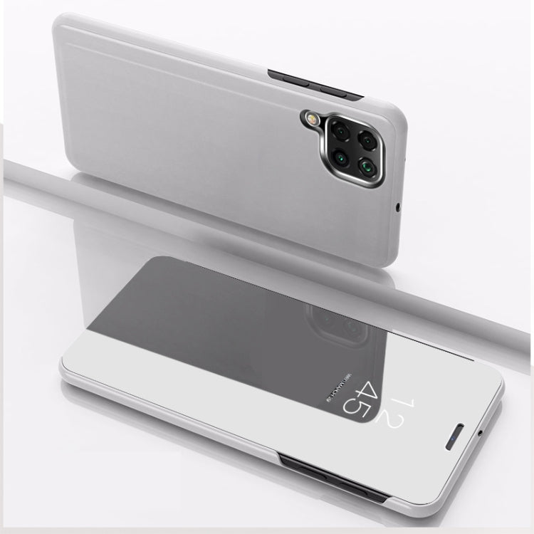 Silver leather horizontal flip phone case with mirror window and card holder