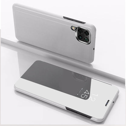 Silver leather horizontal flip phone case with mirror window and card holder