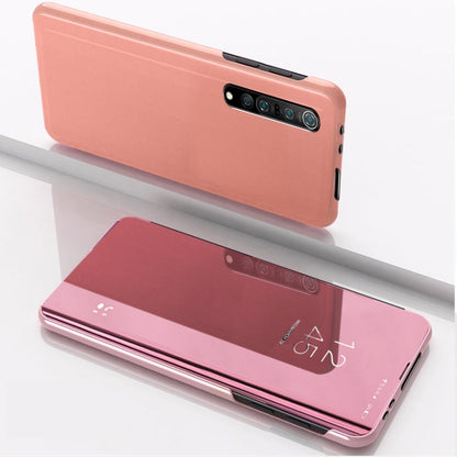 Rose gold leather phone case with horizontal flip, mirror window, and card holder