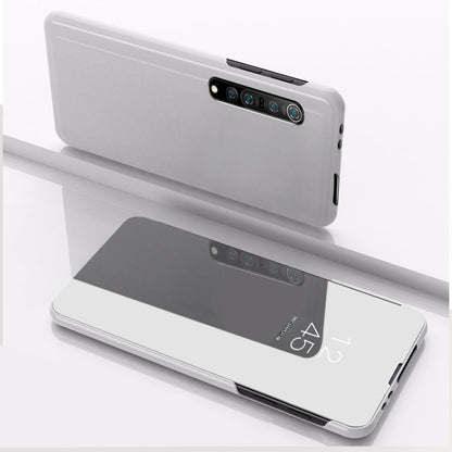 Silver leather phone case with horizontal flip, mirror window, and card holder