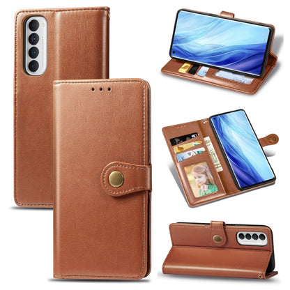 Brown leather-look phone wallet case with buckle, lanyard strap, card slot, and stand