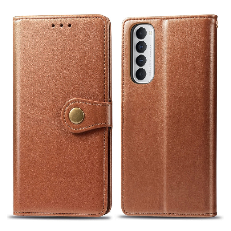 Brown leather-look phone wallet case with magnetic buckle and cutouts for camera and buttons