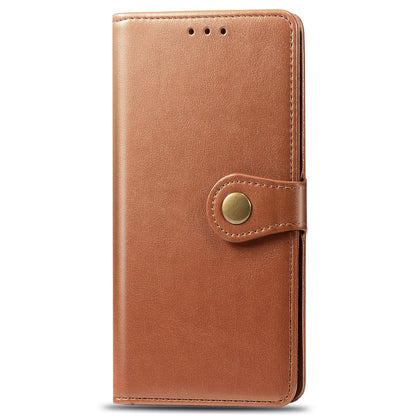 Brown leather-look folio phone case with card slot and round buckle closure