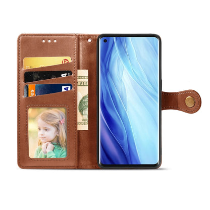 Brown leather-look phone wallet case with photo window, card pockets, and open front