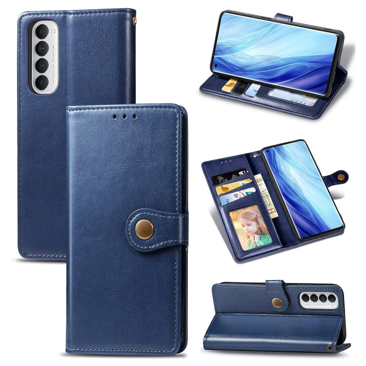 Blue leather-look phone wallet case with buckle, card slot, photo window, and stand