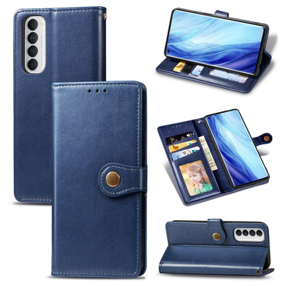 Blue leather-look phone wallet case with buckle, card slot, photo window, and stand
