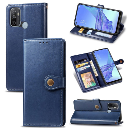 Blue leather phone case with lanyard, photo frame, card slot, and stand function