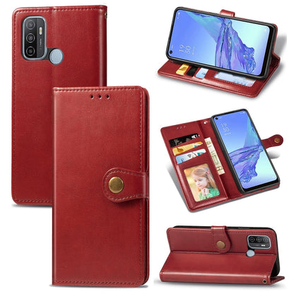 Red leather phone case with lanyard, photo frame, card slot, and stand function