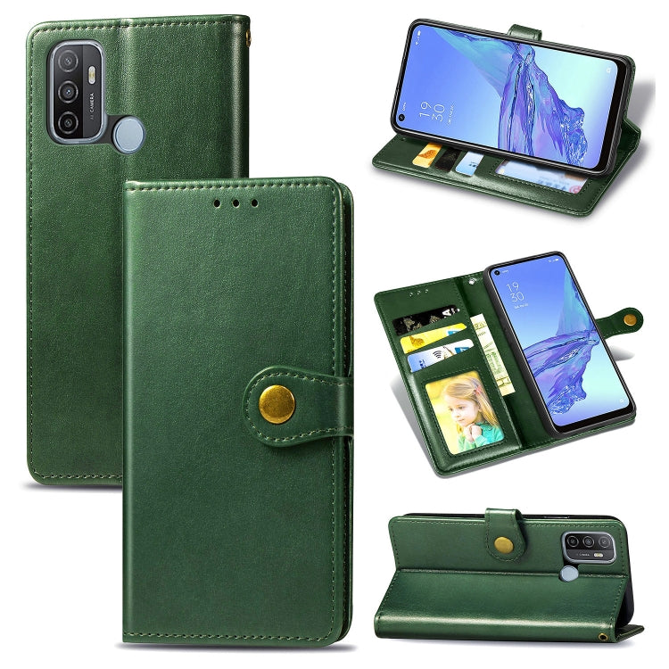 Green leather flip phone case with gold-tone buckle, card slot, photo window, stand