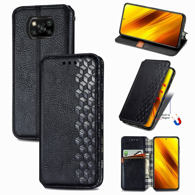 Cubic Grid Pressed Horizontal Flip Magnetic PU Leather Case with Holder & Card Slots & Wallet, For Xiaomi Poco X3 NFC