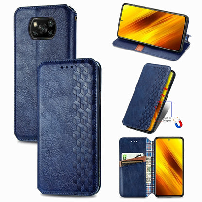 Cubic Grid Pressed Horizontal Flip Magnetic PU Leather Case with Holder & Card Slots & Wallet, For Xiaomi Poco X3 NFC
