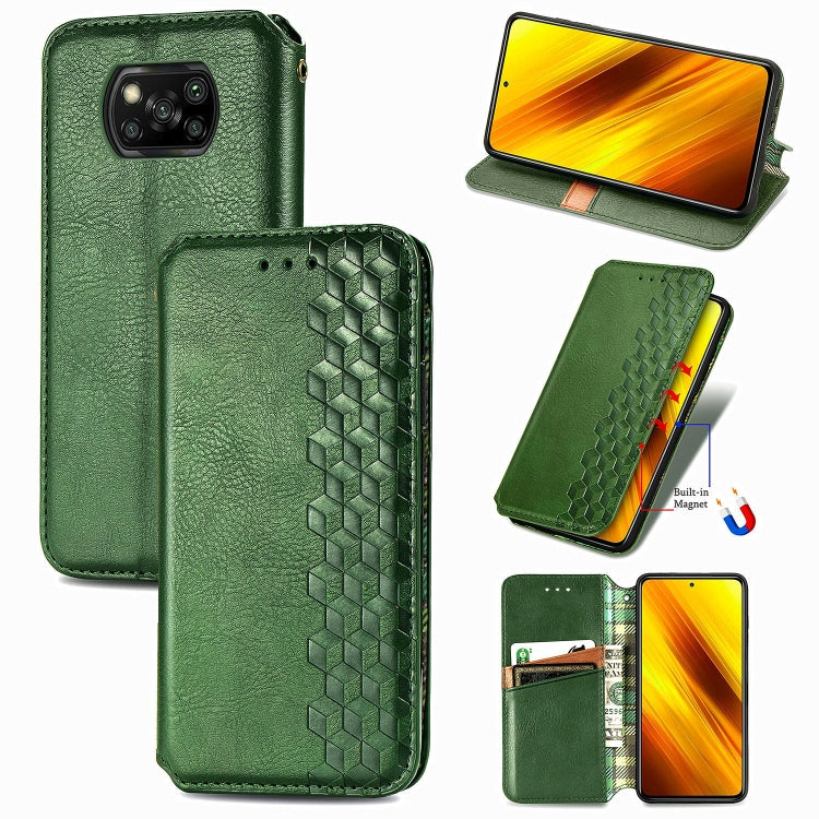 Cubic Grid Pressed Horizontal Flip Magnetic PU Leather Case with Holder & Card Slots & Wallet, For Xiaomi Poco X3 NFC