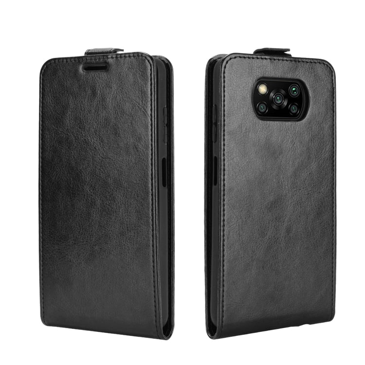 Black leather-style vertical flip phone case, front and back view