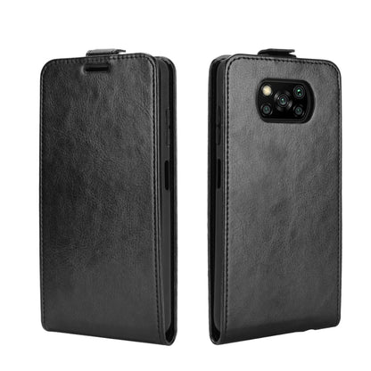 Black leather-style vertical flip phone case, front and back view
