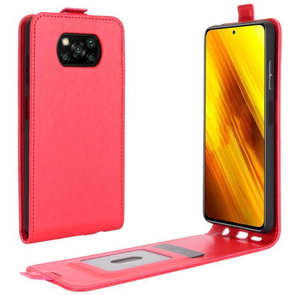 Red leather-style vertical flip phone case with card slot and fold-out stand