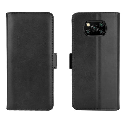 Black leather flip phone case, front and back, with camera and port cutouts