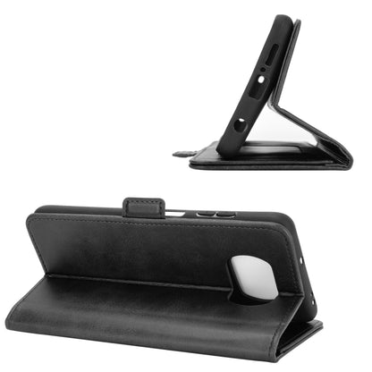 Black leather flip wallet case with built-in stand and rear access cutouts