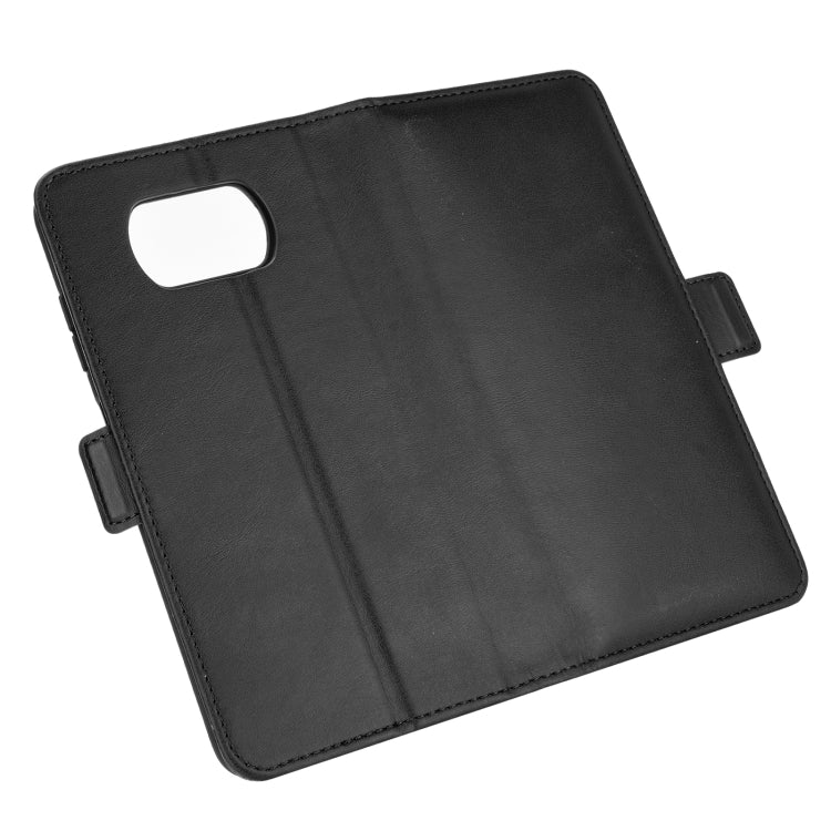 Black leather flip phone case back cover with camera cutout and side strap