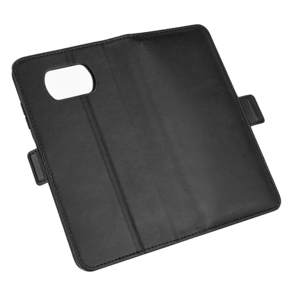 Black leather flip phone case back cover with camera cutout and side strap