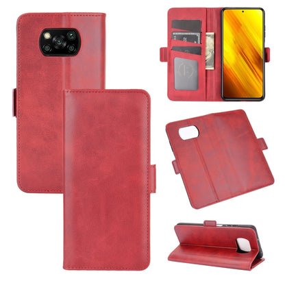 Red leather flip phone case with card slot panel and camera cutout