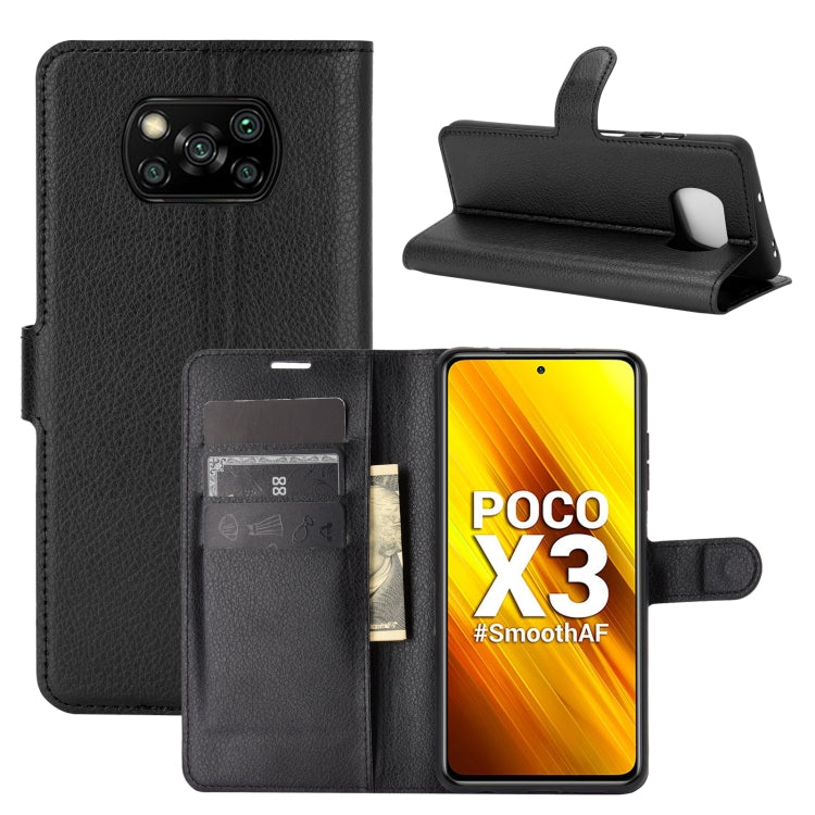 Black litchi-texture flip wallet case with card slots and stand for Poco X3