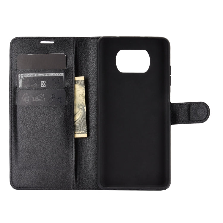 Black litchi-texture flip wallet phone case with card holder window and stand