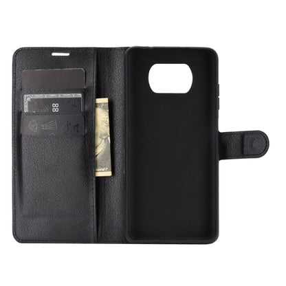 Black litchi-texture flip wallet phone case with card holder window and stand