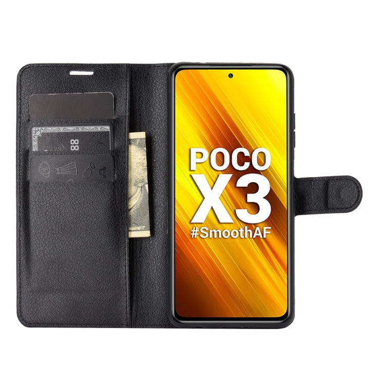 Black flip wallet case with litchi texture, card slots, and viewing stand for Poco X3