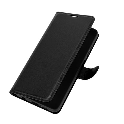 Black slim flip wallet phone case with litchi texture and side opening