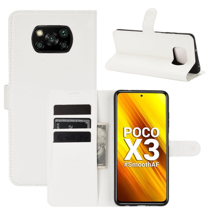 White flip wallet case with card slots and stand for Poco X3 with textured finish
