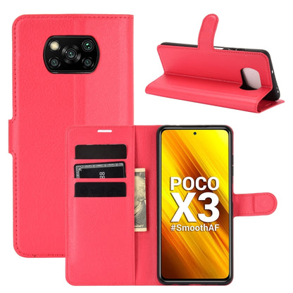 Red litchi-texture flip wallet phone case with card slots and stand for Poco X3