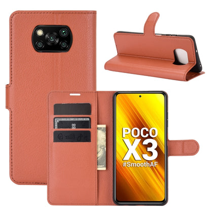 Brown leather-look flip wallet case with card slots and stand for Poco X3