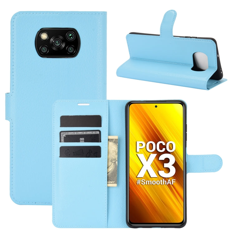 Blue litchi-texture flip wallet case with card slots and viewing stand for Poco X3