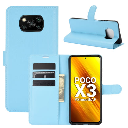 Blue litchi-texture flip wallet case with card slots and viewing stand for Poco X3