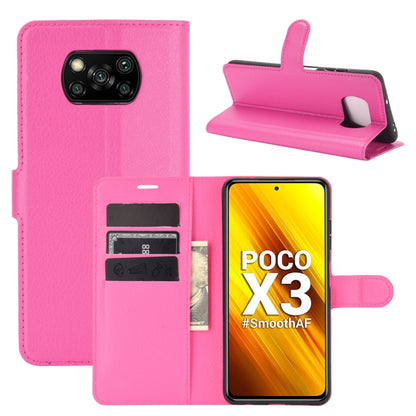 Pink litchi-texture flip wallet case with card slots and stand for Poco X3