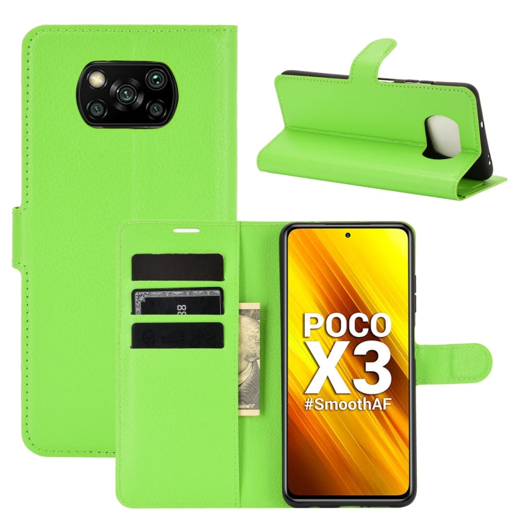 Green litchi-texture flip wallet case with card slots and stand for Poco X3