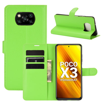Green litchi-texture flip wallet case with card slots and stand for Poco X3