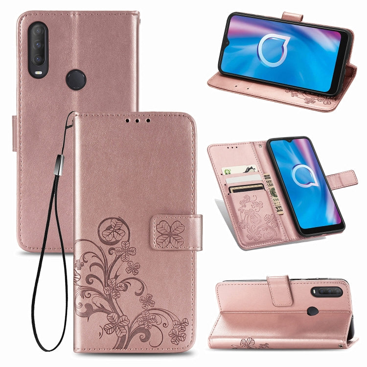 Four-leaf Clasp Embossed Buckle Mobile Phone Protection Leather Case with Lanyard & Card Slot & Wallet & Holder Function, For  Alcatel 1S (2020)