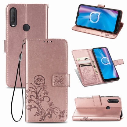 Four-leaf Clasp Embossed Buckle Mobile Phone Protection Leather Case with Lanyard & Card Slot & Wallet & Holder Function, For  Alcatel 1S (2020)
