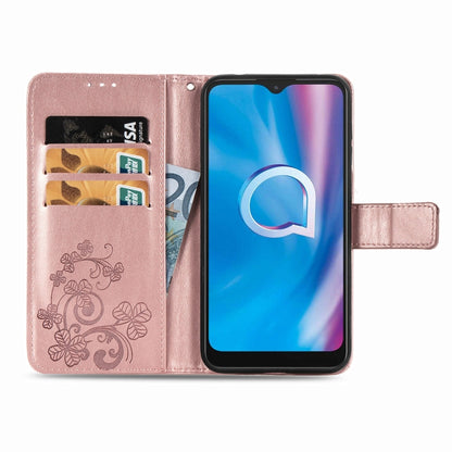 Four-leaf Clasp Embossed Buckle Mobile Phone Protection Leather Case with Lanyard & Card Slot & Wallet & Holder Function, For  Alcatel 1S (2020)