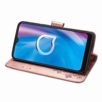Four-leaf Clasp Embossed Buckle Mobile Phone Protection Leather Case with Lanyard & Card Slot & Wallet & Holder Function, For  Alcatel 1S (2020)