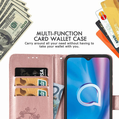 Four-leaf Clasp Embossed Buckle Mobile Phone Protection Leather Case with Lanyard & Card Slot & Wallet & Holder Function, For  Alcatel 1S (2020)