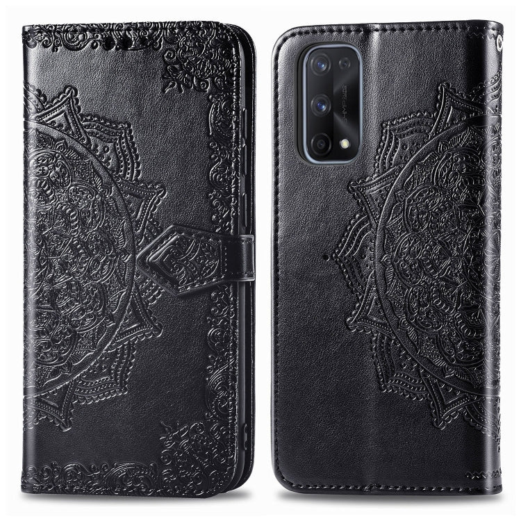 Embossed mandala flip phone wallet case with magnetic clasp, dark faux leather texture