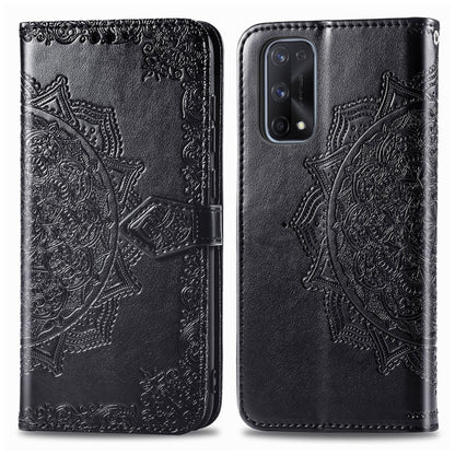 Embossed mandala flip phone wallet case with magnetic clasp, dark faux leather texture