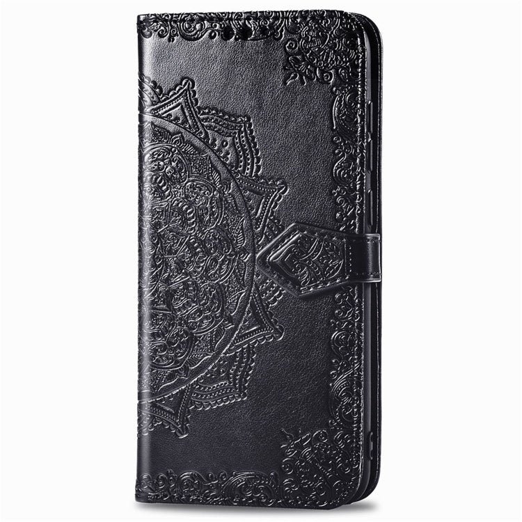 Embossed mandala flip phone wallet case with magnetic clasp, textured dark finish