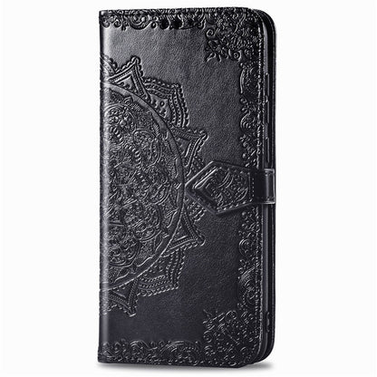 Embossed mandala flip phone wallet case with magnetic clasp, textured dark finish
