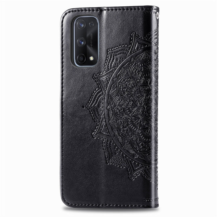 Embossed mandala phone wallet case with magnetic clasp and camera cutout, dark finish