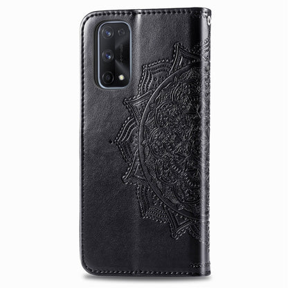Embossed mandala phone wallet case with magnetic clasp and camera cutout, dark finish