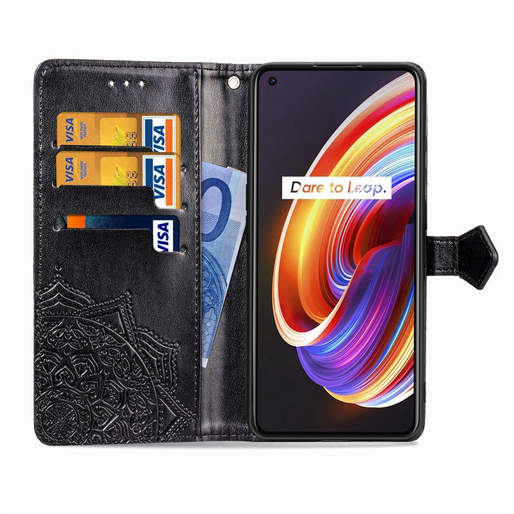 Embossed mandala phone wallet case open view with card slots and holder, dark finish