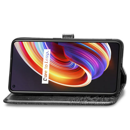 Embossed mandala phone wallet case with flip cover and holder, dark faux leather texture